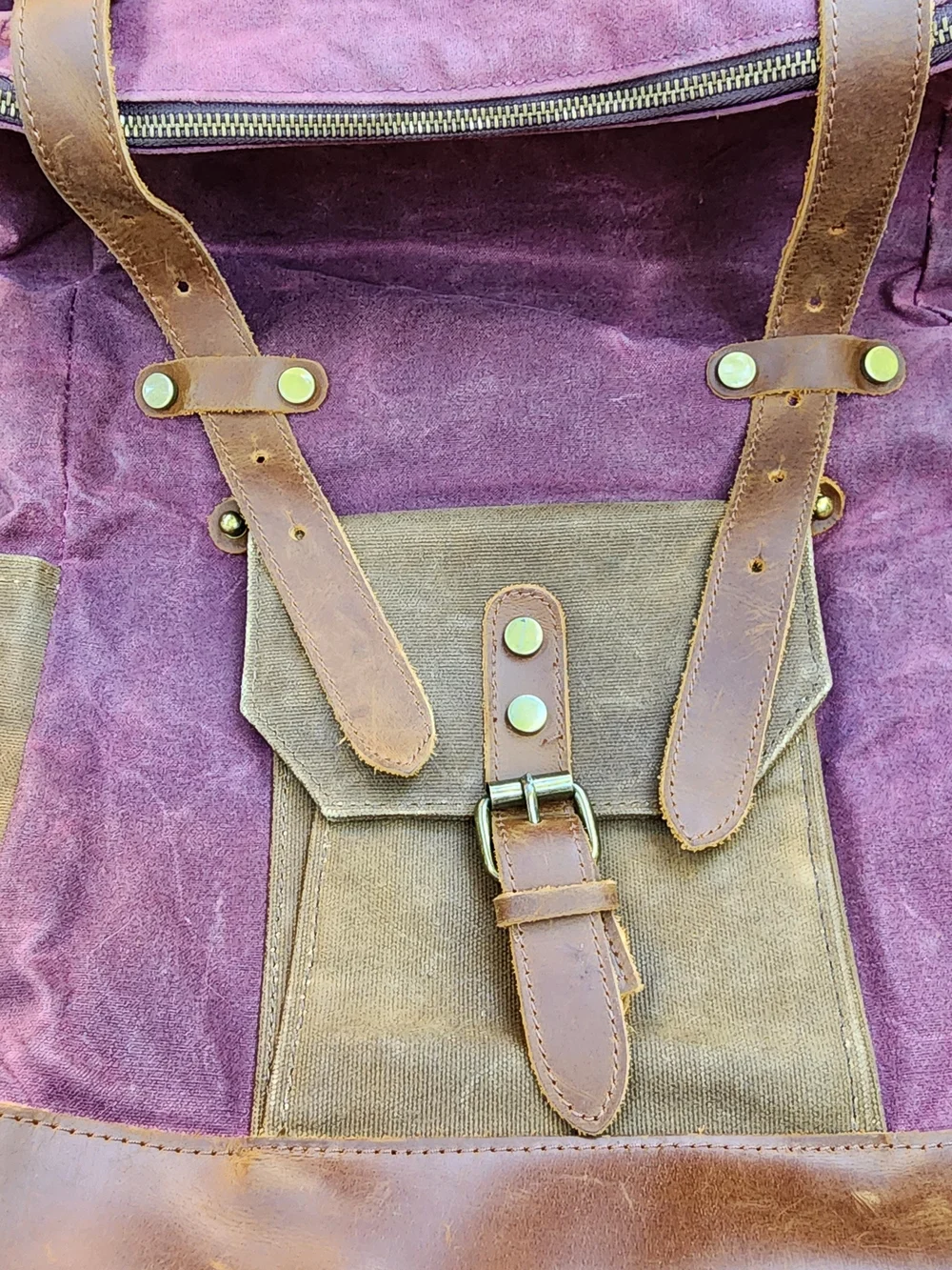 Vintage Waxed Canvas & Leather Roll Top Backpack Rucksack Purple Khaki